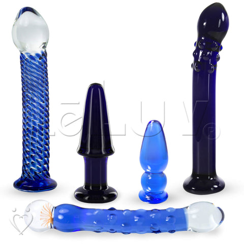 LeLuv Bundle - 5 Pyrex Glass COBALT BLUE Dildos Wands Butt Plugs Sexy Gift Massagers Toys