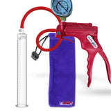 Jacvac Penis Pump | Red NPT Handle + Gauge, Silicone Hose | 12" x 1.35" Round Flange Cylinder 