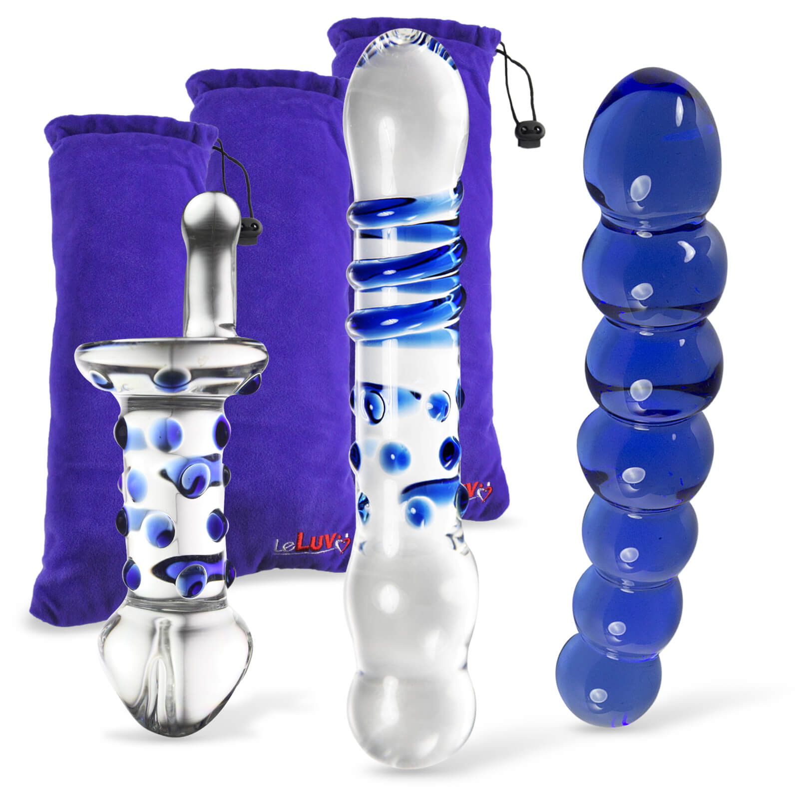 Bundle - 3 Pyrex Glass Dildo Anal Nubby Sex Toy Pleasure Combo Blue Lo